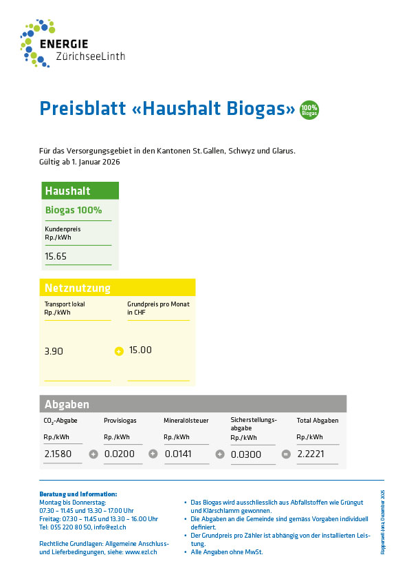 Preisblatt Haushalt Biogas